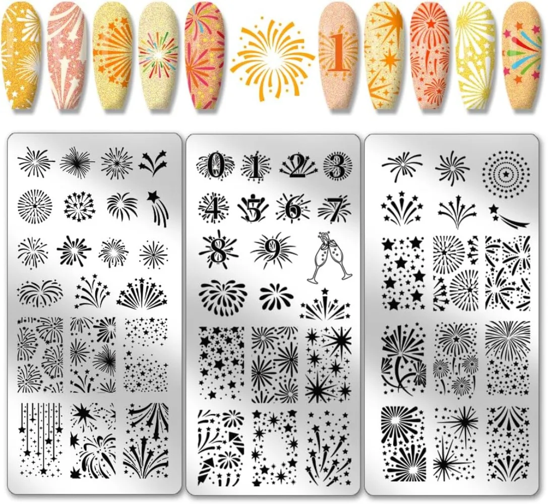 3pcs Fireworks Nail Stamping Plates Celebration Fireworks Nail Stamper Holiday Nail Art Stencils Print Nail Stencils Stainless