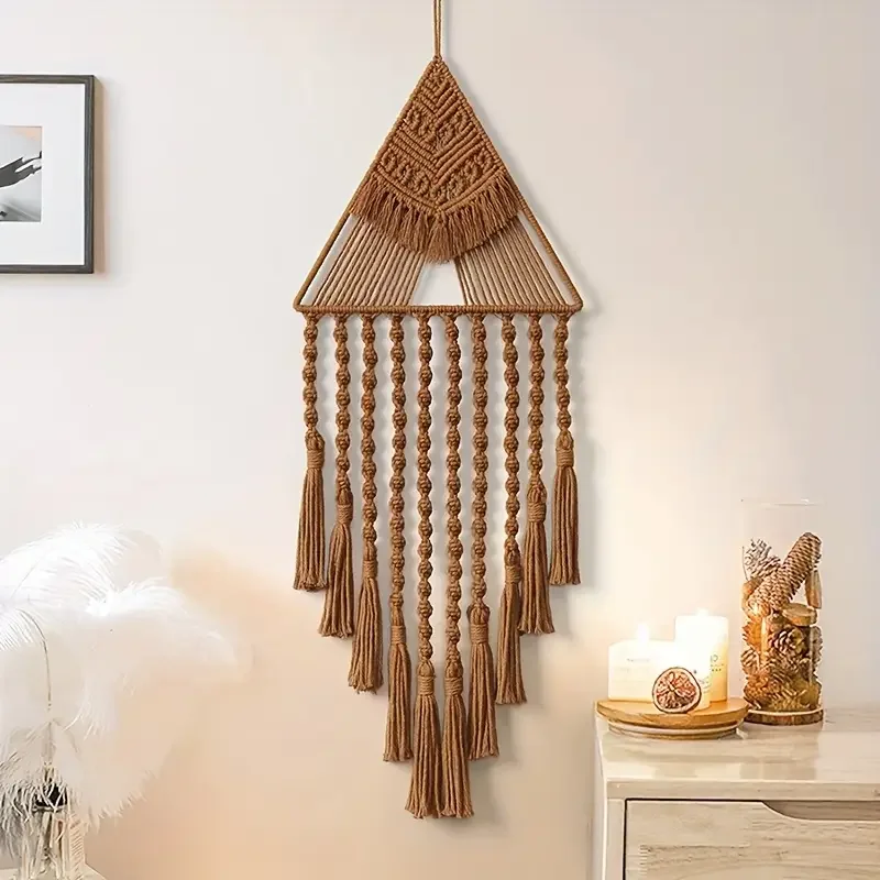 Brown Woven Wall Hanging Dream Catcher Triangle Tassel Ornament, Bohemian Home Decoration Wall, Holiday Gift.