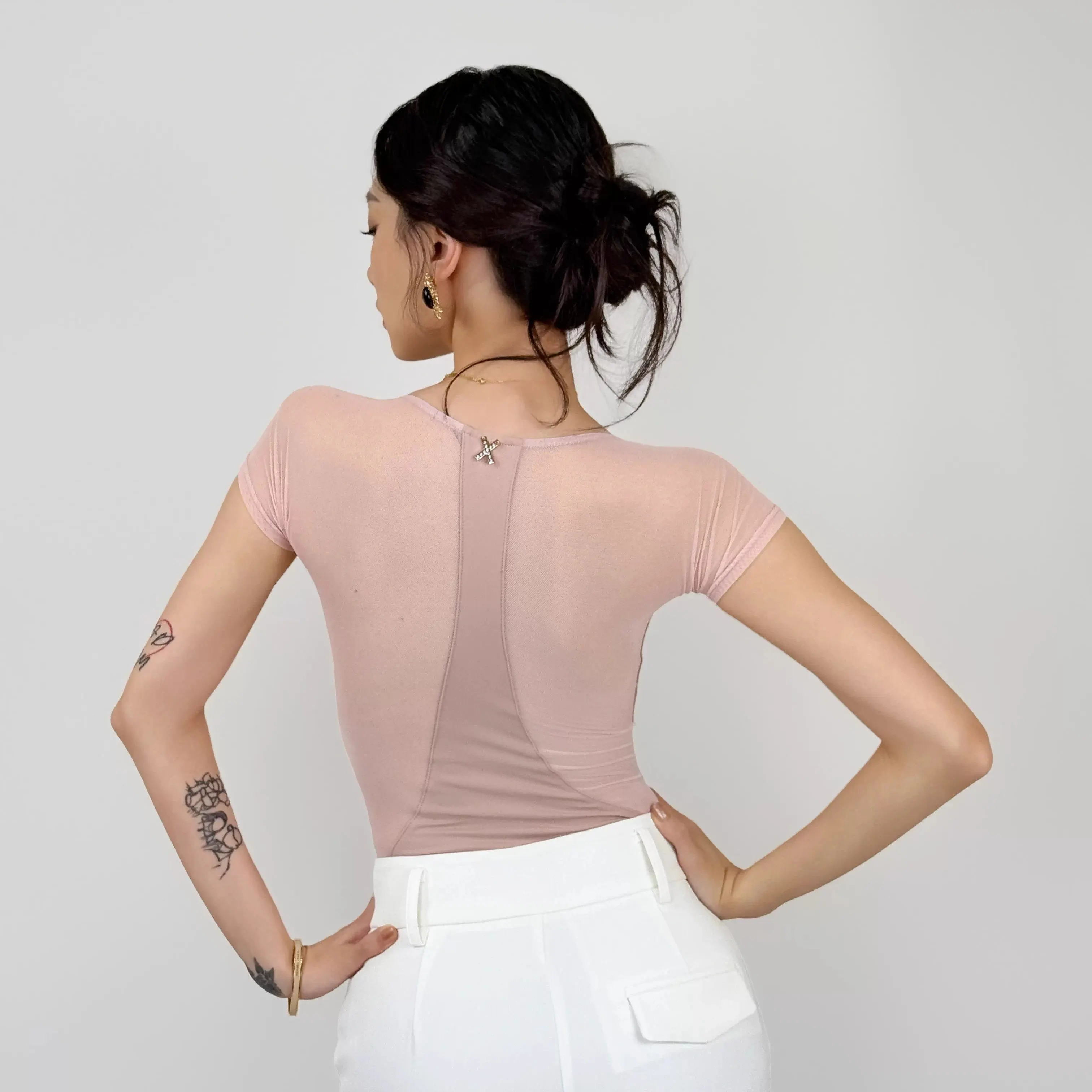 Modern Dance Short Sleeve Mesh Splicing Top Waltz National Standard Dance Practice Clothing Latin Dance Clothes Women DN21106