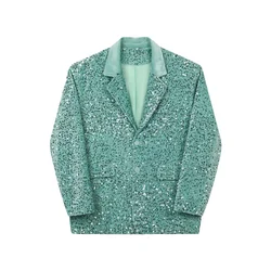 New Dazzling Sequins Blazer Jacket Men Padded Shoulder Velvet Collar Party Singer Stage Shiny Clothing Bright Suit Coat Male