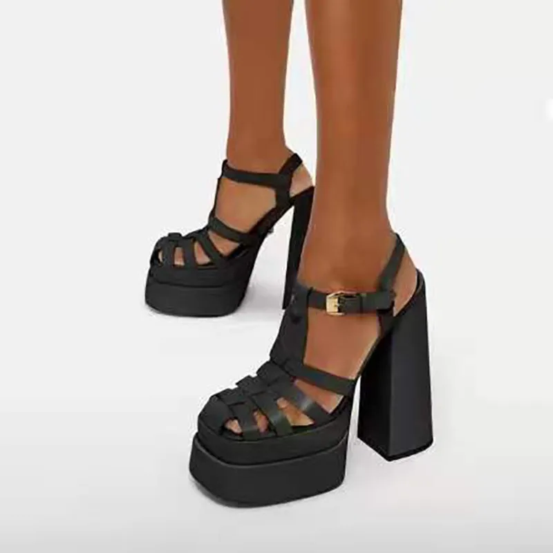 Fashion Thick Soled Platform Women's Sandals Black Leather Rome Summer Casual Beach Shoes Hollow Weave Punk High Heels Sandals