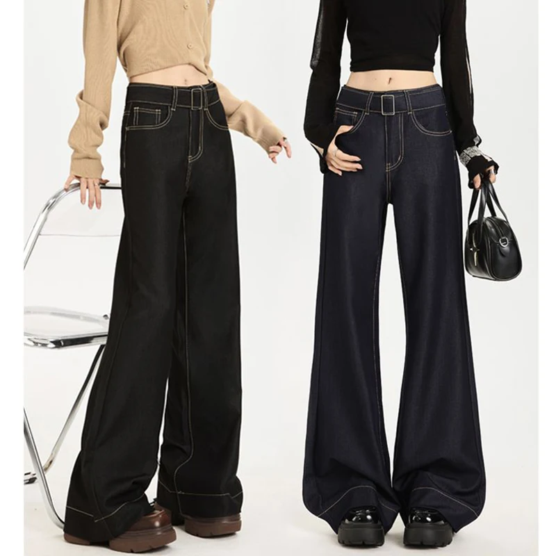 

Hot Sale Lady Retro Designer Wide Leg Jeans Girls High Waist Loose Fit Trousers Women Fashion Solid Color Denim Pants