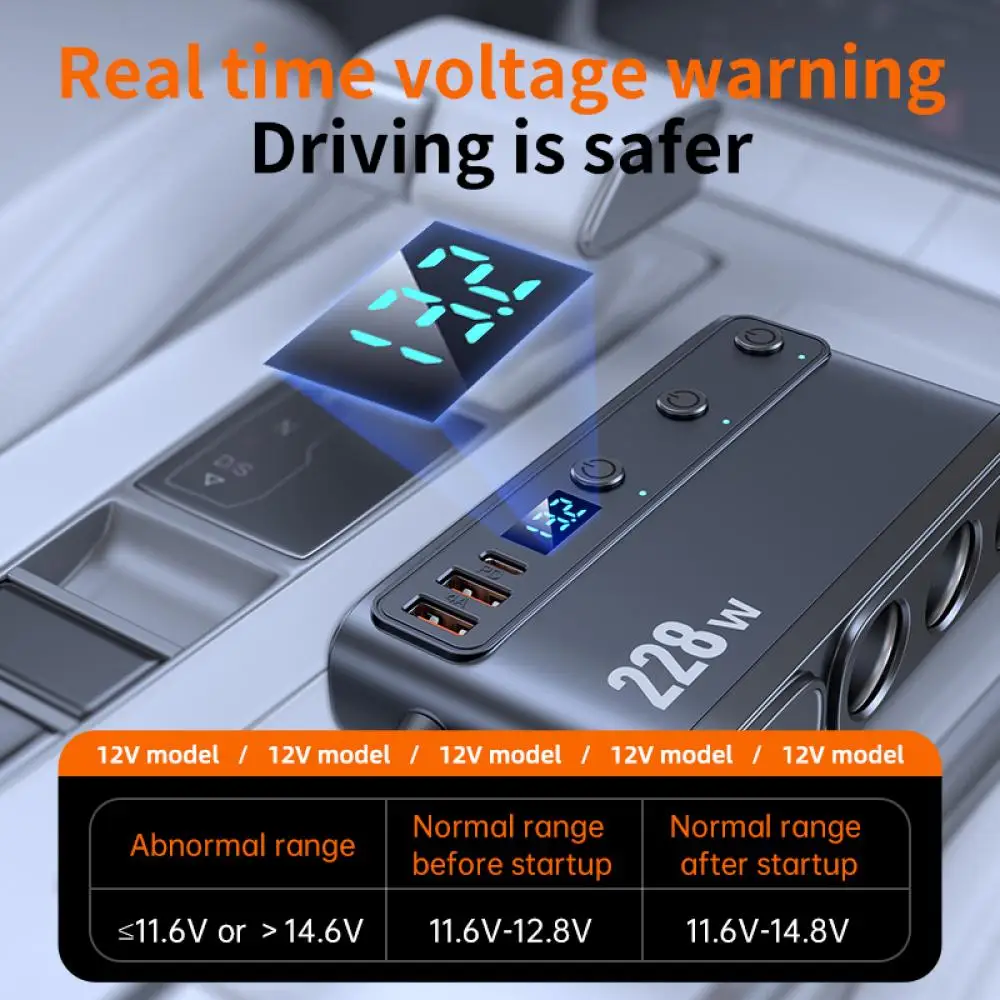 228W 9 in 1 Car Charger Adapter Charge Independent Switches PD36W/45W QC3.0 18W 3 Socket Cigarette Lighter Splitter with Voltage