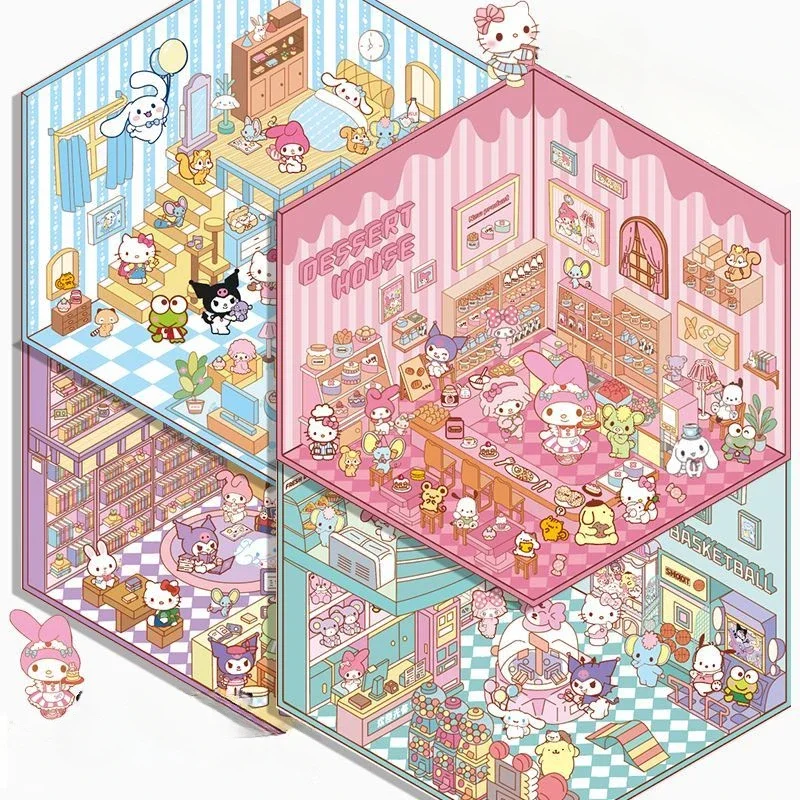 Sanrio Hello Kitty Kuromi Kuromi Kawaii 3D Stereoscopico FAI DA TE Scena In Miniatura Dessert Cottage Giocattoli Per Bambini Adesivi All'ingrosso