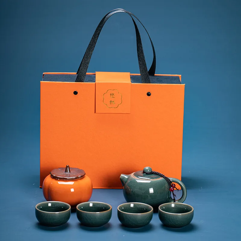 

Ceramic Kung Fu Tea Set Ru Kiln Side Handle Teapot Teacup Gold-Plated Vintage Business Advertising Gift Customization