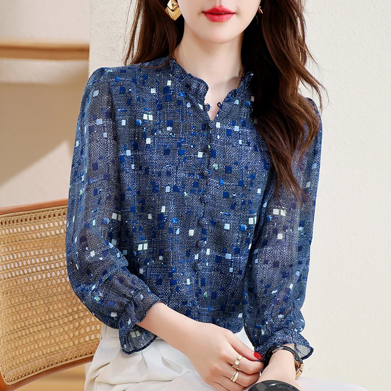 

2025 Summer Fashion Silk Printed Shirt Ruffles Collar 3/4 Sleeve Women Blouse Office Lady Pullovers Tops