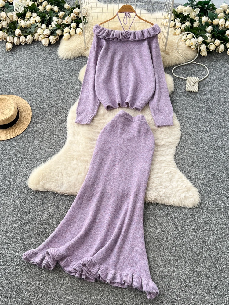 

Casual Loose Long Sleeve Solid Knitted Pullover Sweater+Elastic Waist Maxi Tail Skirt 2-Piece Set Women's Autumn/Winter Suit