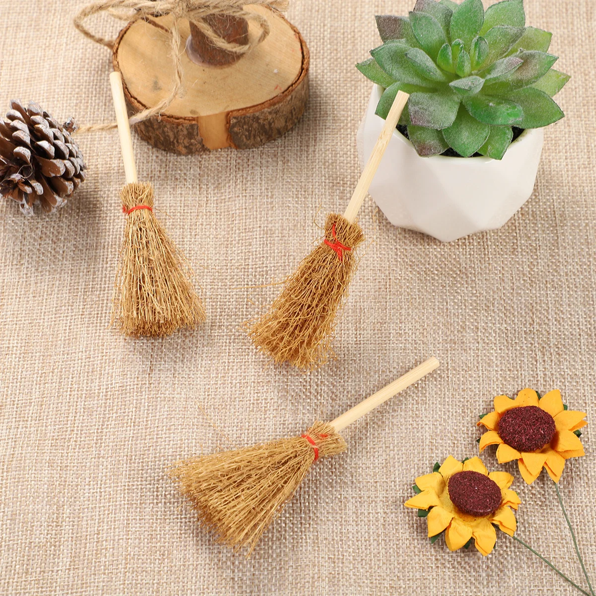 12 Pcs Witches Prop Hanging Broom Toys Lightweight Straw Decor with Red Rope for Halloween Costume Party Use