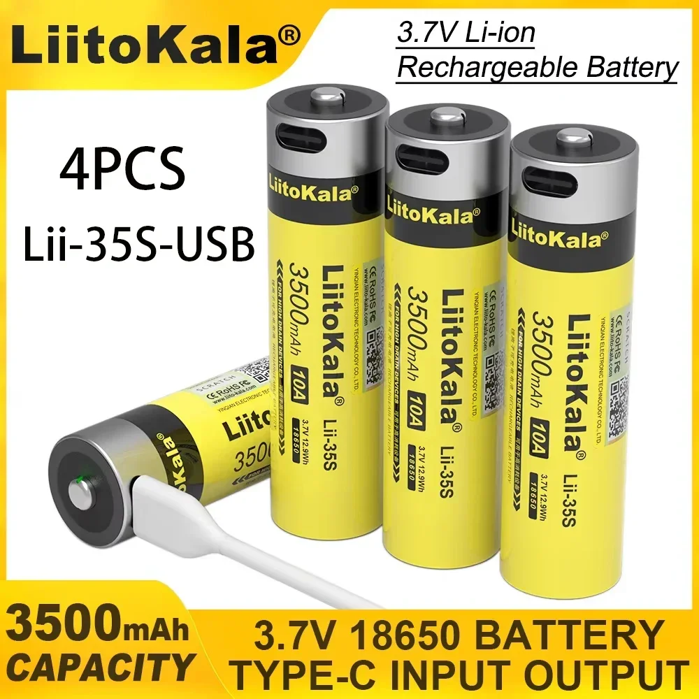 4PCS X 100% New Original LiitoKala Lii-35S-Type-C 18650 Lithium ion 3500mAh Large Capacity 3.7V Li-ion Battery For Flashlight