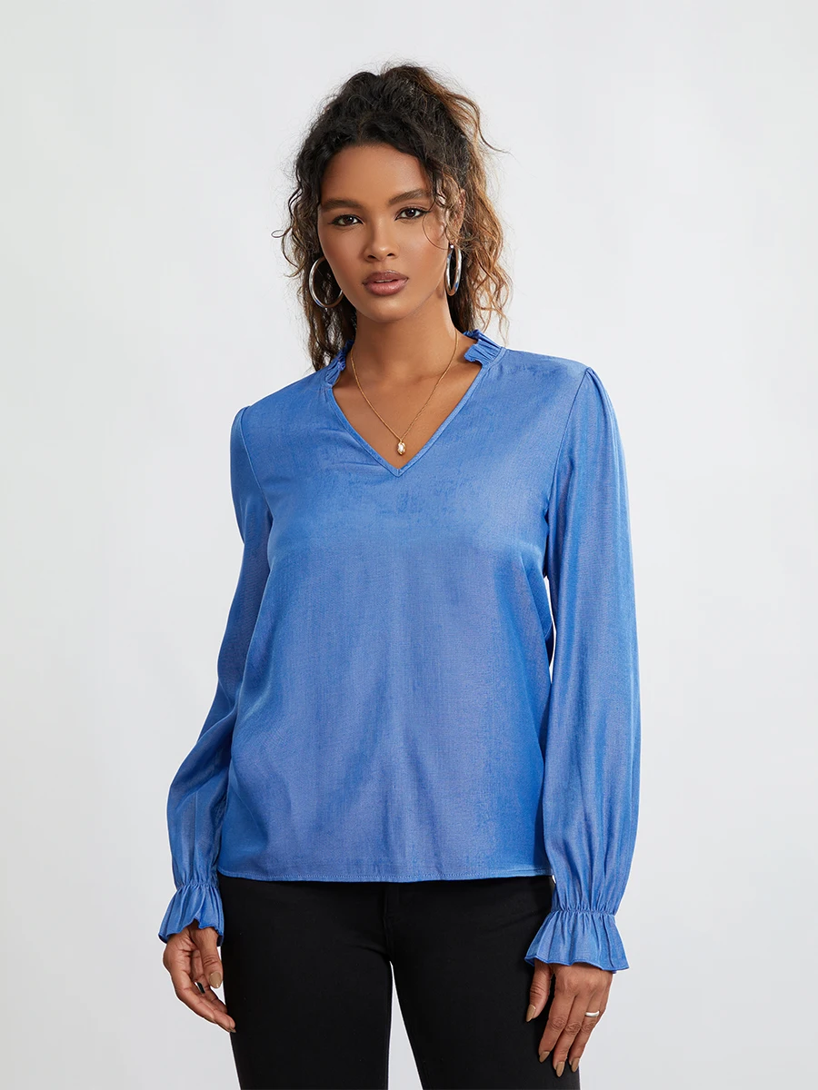 

New Womens Notched V Neck T-Shirts Fashion Long Sleeve Solid Color Loose Frill Tops Spring Summer Shirts Skin Friendly Hot Sale