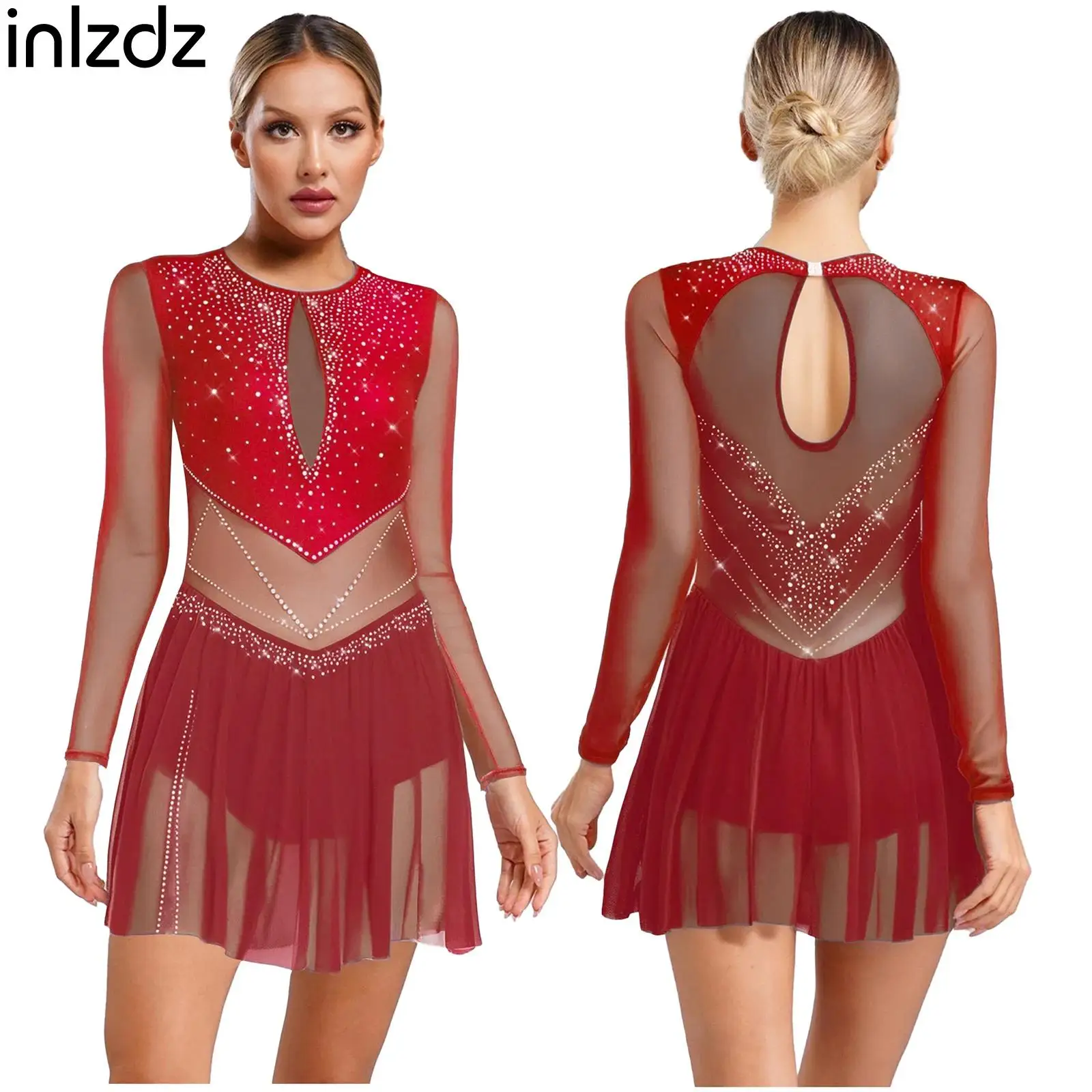 

Womens Color Block Figure Skating Dance Dresses Long Sleeve Shiny Rhinestones Sheer Mesh Dress for Party Performance Competition