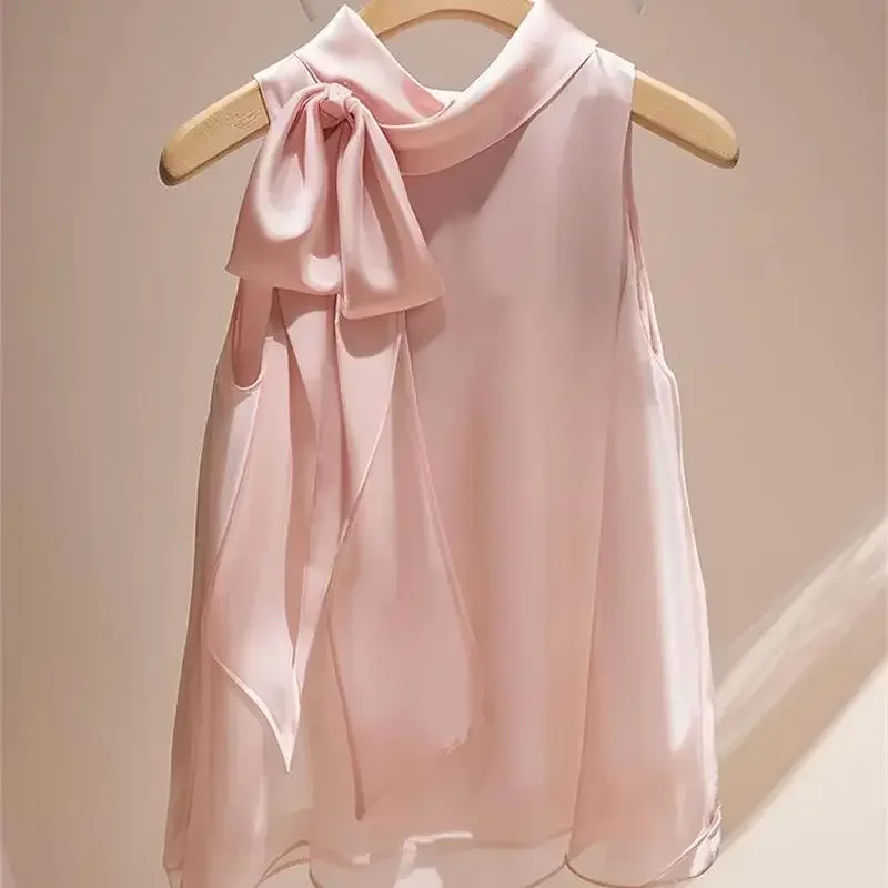 

Design Sense Fairy Bow Blouse Summer Luxury Sleeveless Soft Chiffon Shirt French Elegant Women Tank Top Versatile 132P