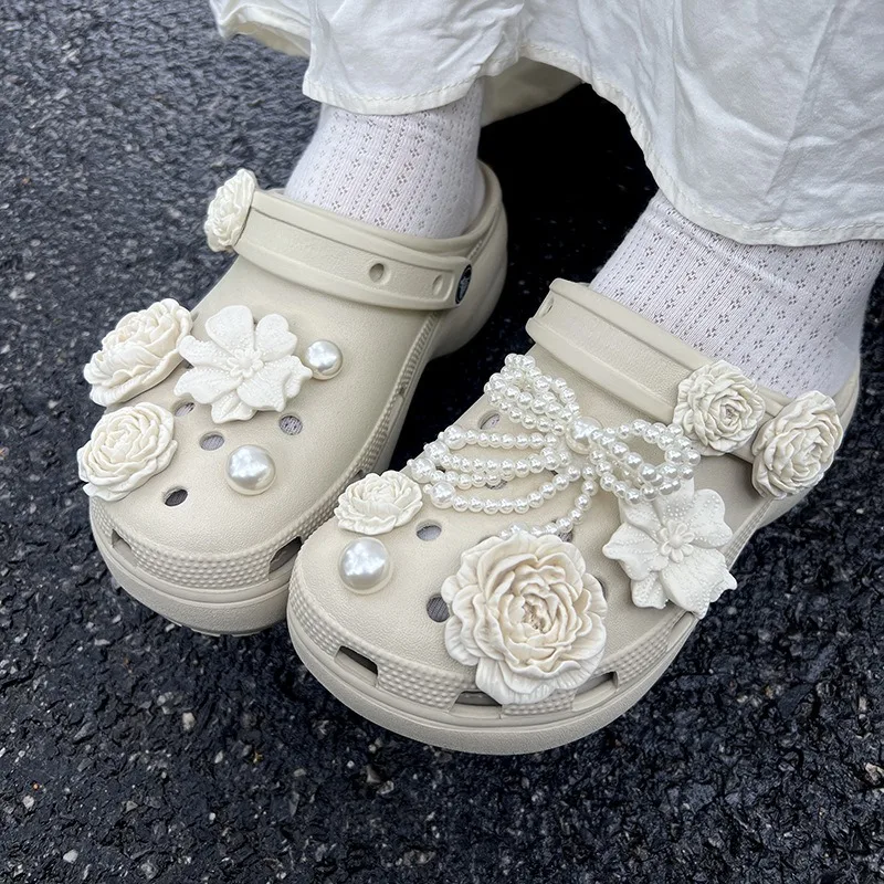 14 шт., модные подвески для обуви, набор аксессуаров, пряжка для обуви с отверстиями, летний жемчужный букет с рододерном, сделай сам, 3D украшения для обуви