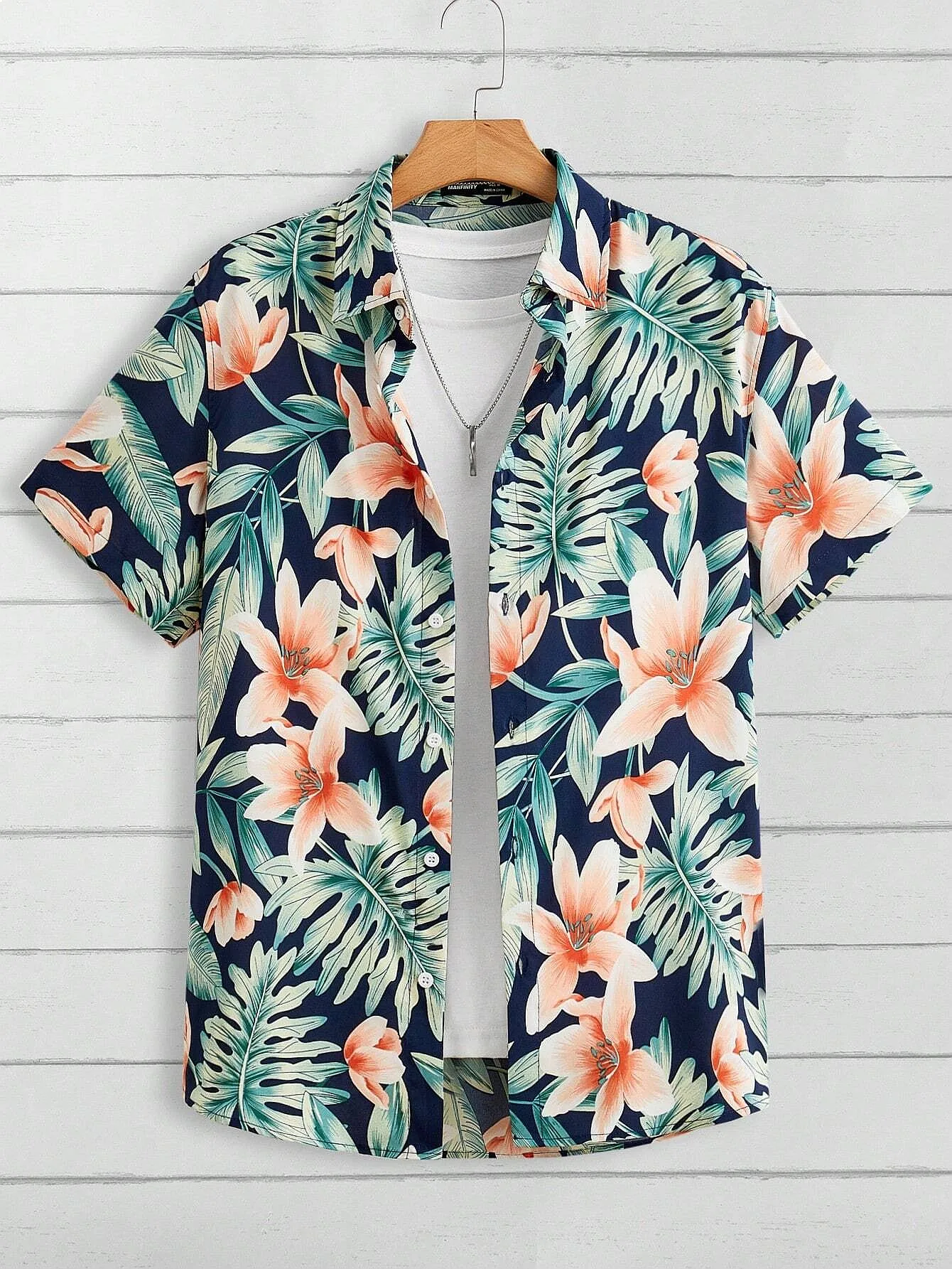 

Coconut Tree Fresh Flower Pattern Men's Short Sleeve Button Lapel Shirt Summer Seaside Beach Vacation Hawaiian Style Shirt