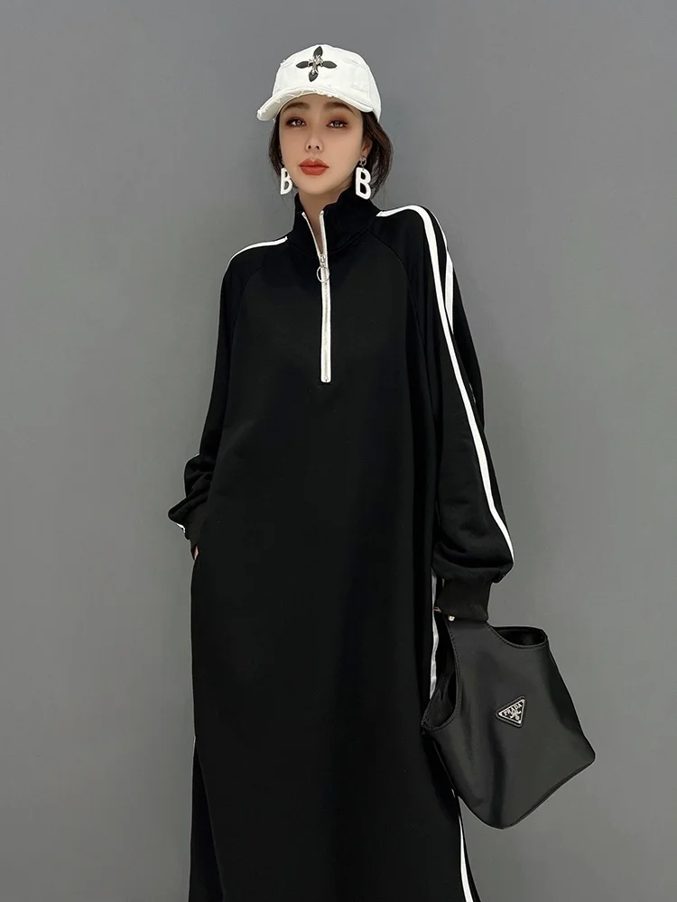 Woman Turtleneck Pullover Dress Loose Mid-length Stripe Leisure Age Reduction Dress Black 2024 Spring Autumn LX598S