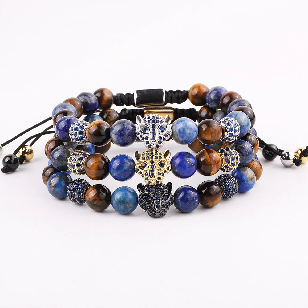 

JARAVVI High Quality Natural Stone Lapis CZ Pave Ball Beaded Macrame Custom Bracelet Men