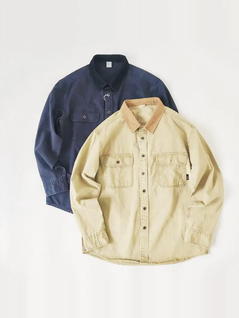 

Spring New Sle American Retro Pure Cotton Waed Detroit Workwear Long Sve irt Jaet Men's Collar Faionable irt