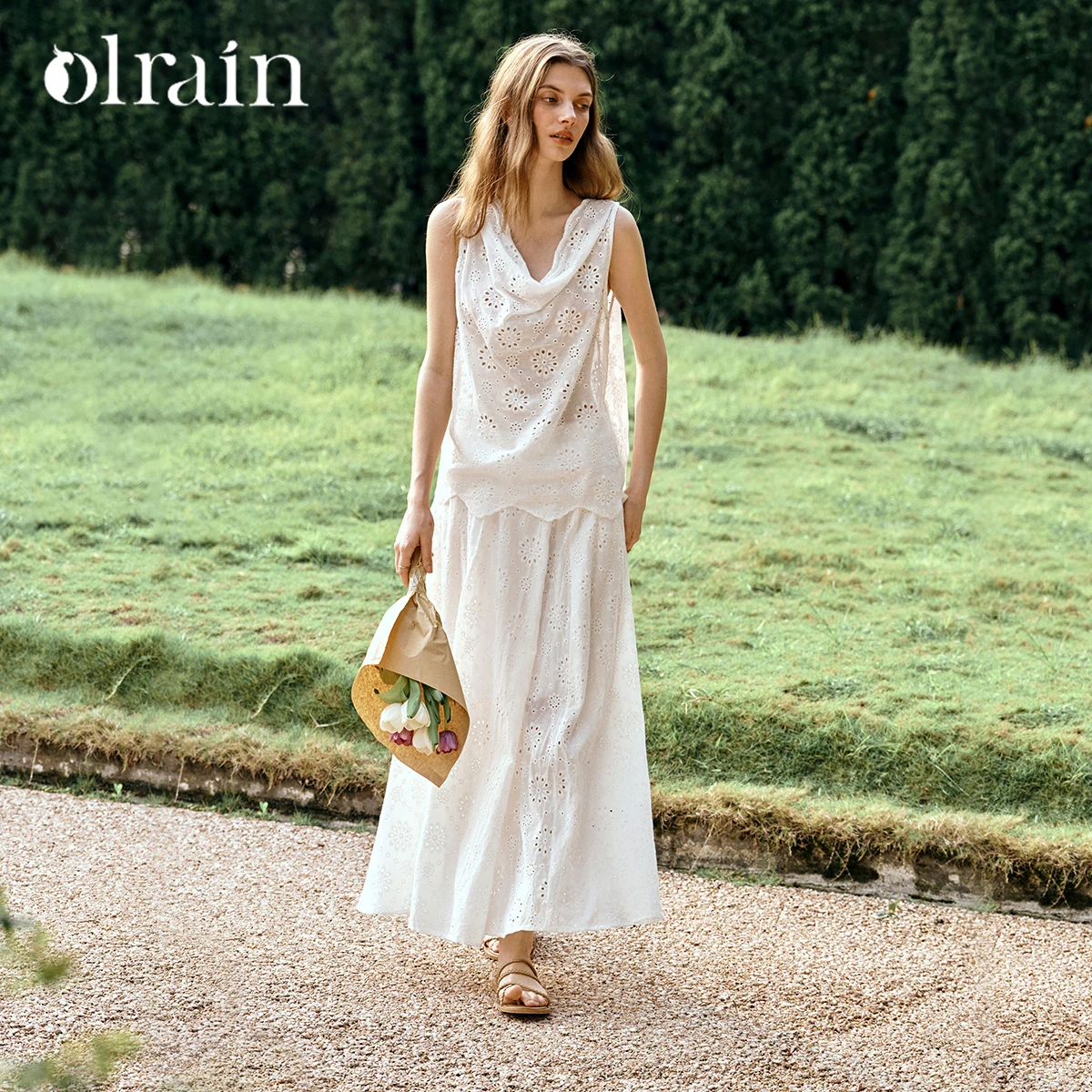 

OLrain Two Piece Set Woman 2026 Summer French White Embroidered Swingneck 100% Cotton Midi Shirt Hollow Ladies Skirt O57XE99560