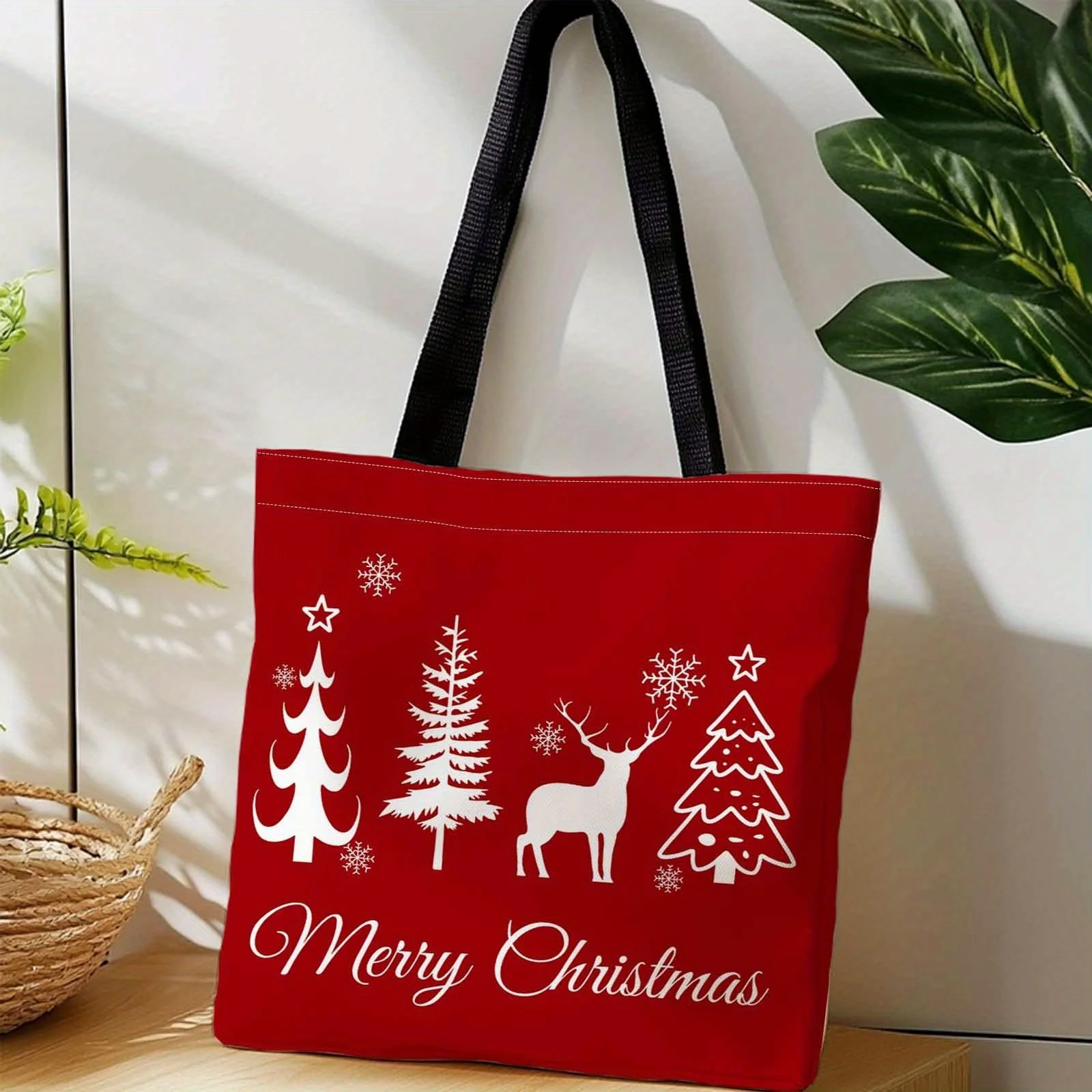 1pc Shopping Bag Portable Shoulder Tote Bag with Christmas Tree Reindeer Snowflake Patterns for Travel Storage Home Decor Gifts