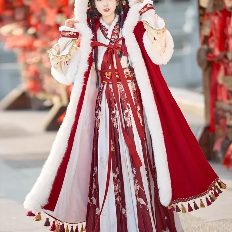 

Hanfu женский западный регион ветер плюс бархатный тибетский плащ длиной до талии комплект зима