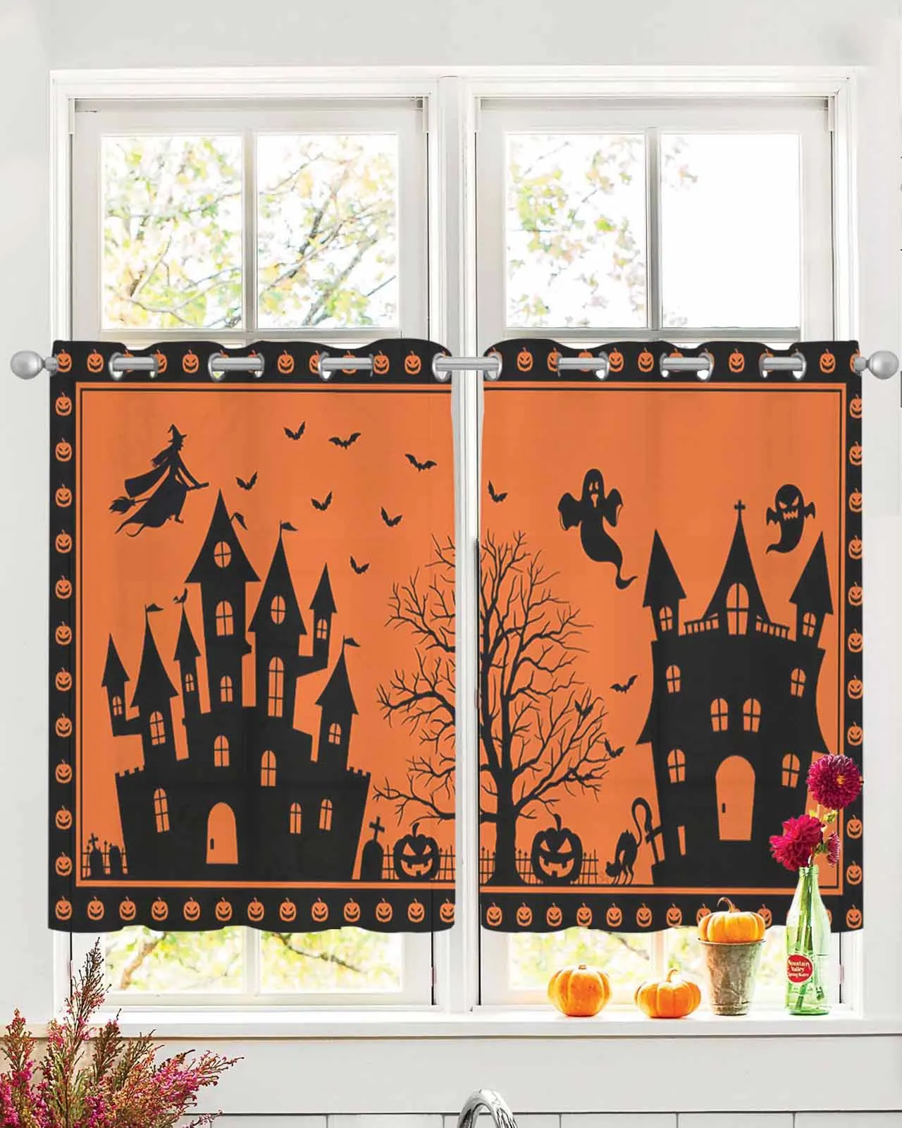 

2 Panels Set Tulle Window Curtains Halloween Castle Pumpkin Lights Witch Rod Pocket Top Curtains for Bedroom and Living Room