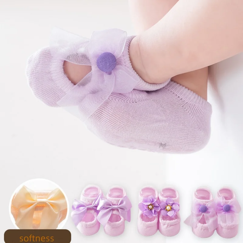 3 Pairs Baby Girl Ankle Socks Lace Bow Infant Anti Slip Socks Newborn Princess Pearl Low Cut Socks Children Home Floor Shoes