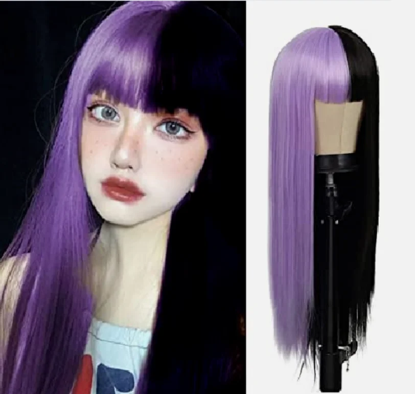 Lady Long Half Black and Half Purple Wig Straight Synthentic Wig With Bangs Girl