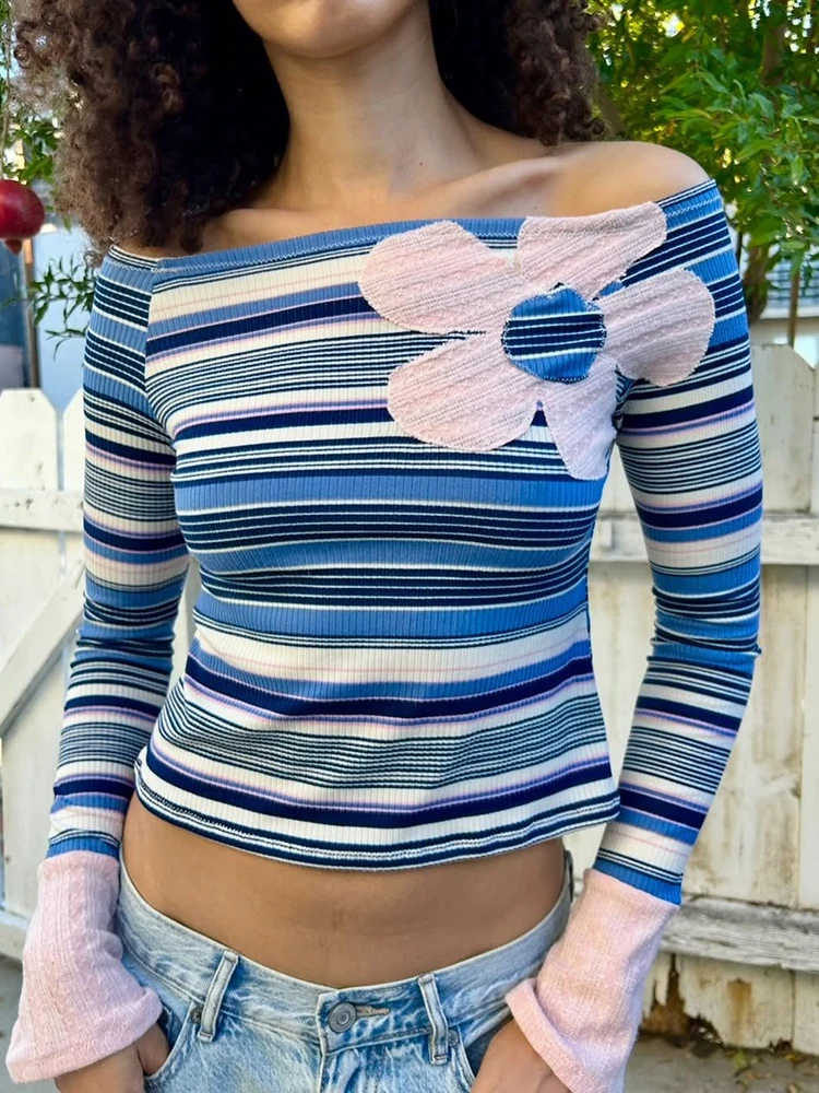 Weird Puss T-Shirts mit Streifenmuster für Damen, Slash-Neck, Blumenstickerei, lange Ärmel, freiliegender Bauch, Street-Casual, modisch, elegant – Detail 11