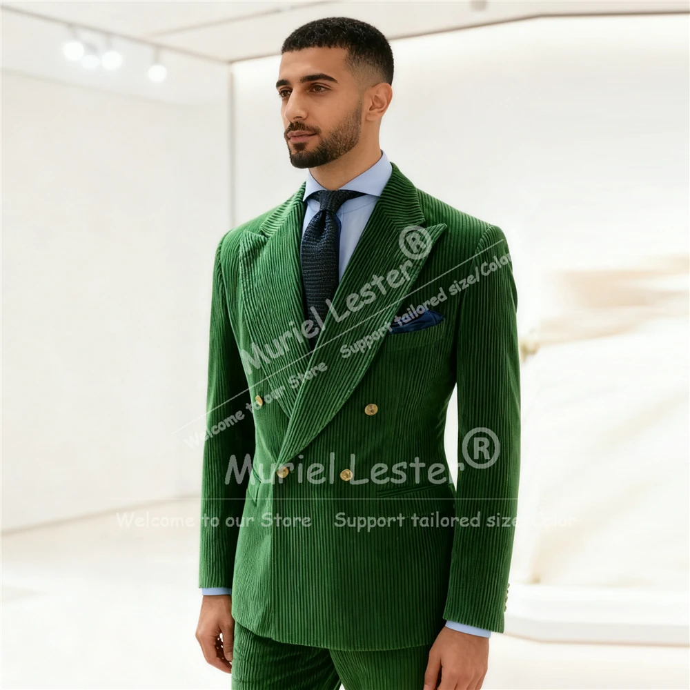 

Retro Corduroy Suit Men 2 Piece Set Double Breasted Jacket Pants Customized Groom Formal Party Wedding Tuxedo trajes para hombre