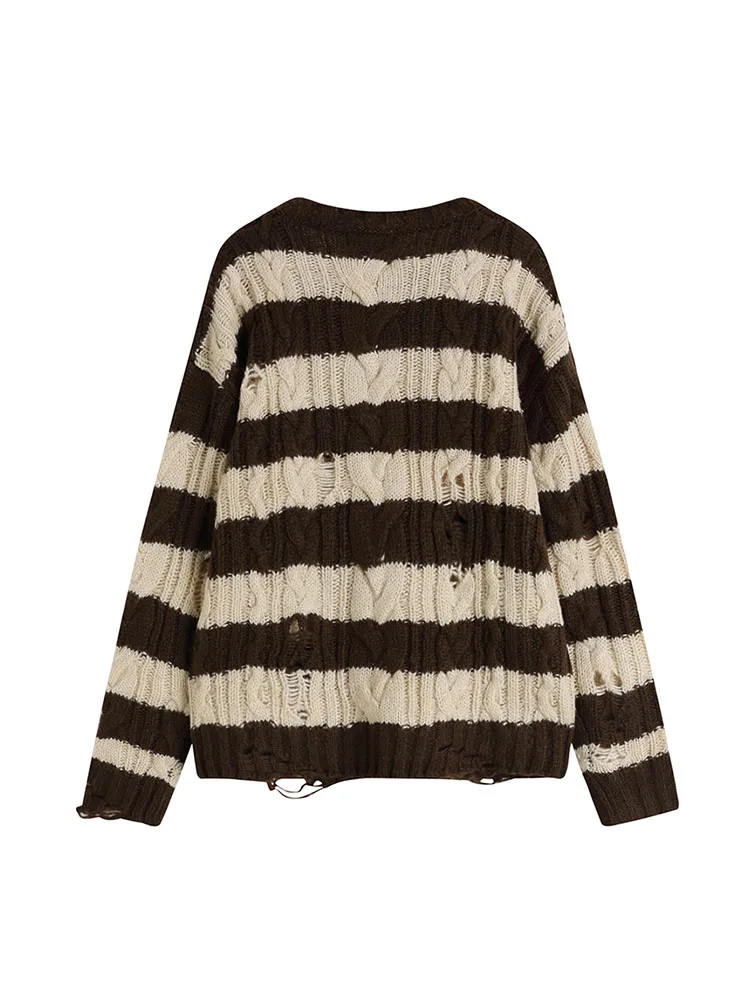 Black And White Striped Gothic Sweaters Women Ripped Holes Loose Knitted Pullover Frayed Fairy Grunge Jumpers Streetwear 2022