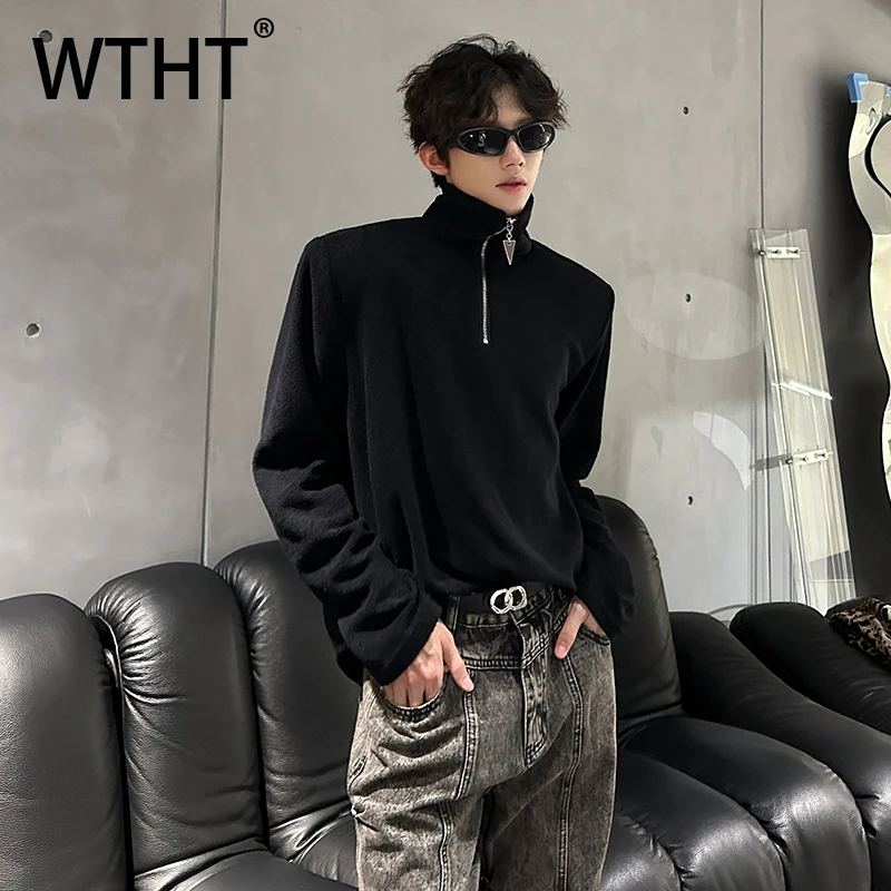 

WTHT модные мужские однотонные наплечники на молнии, дизайнерские футболки, модные осенние топы с воротником-стойкой 2023, уличные топы Mlae 2A2181