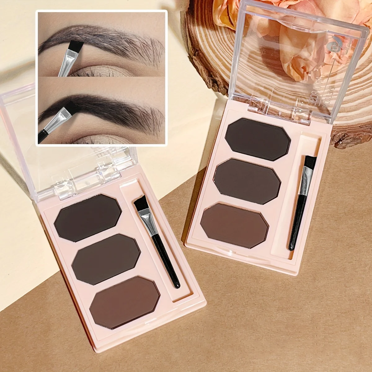 Cepillo de bandeja de polvo de cejas de 3 colores, cejas salvajes tridimensionales naturales, impermeable, antimanchas, adecuado para uso diario