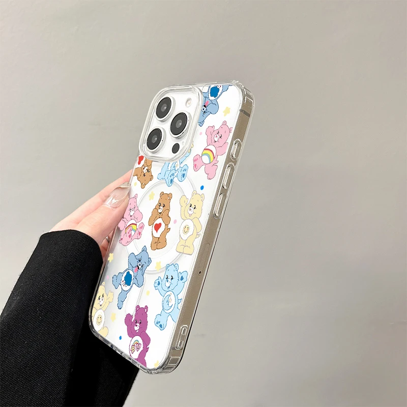 حافظة شحن لاسلكية C-Cares B-Bears لهاتف iPhone 17 Air 16 E 15 14 13 12 Mini 11 Pro Max غطاء صلب بحافة من السيليكون الشفاف