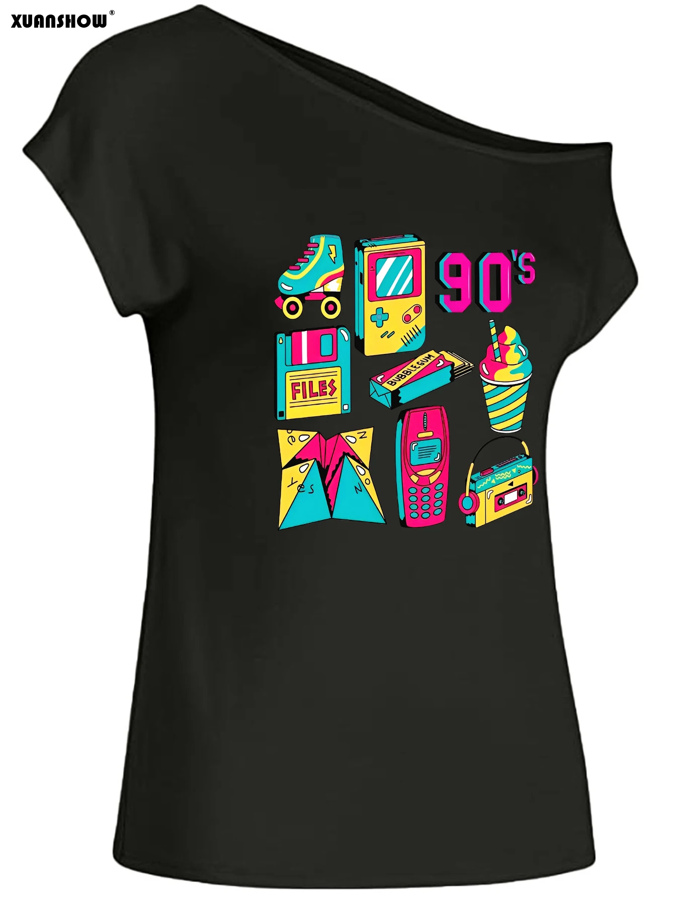 Modisches Damen Off-Shoulder T-Shirt 90er Retro Grafik Bedrucktes Kurzarm-Oberteil für Freizeitkleidung – Detail 5