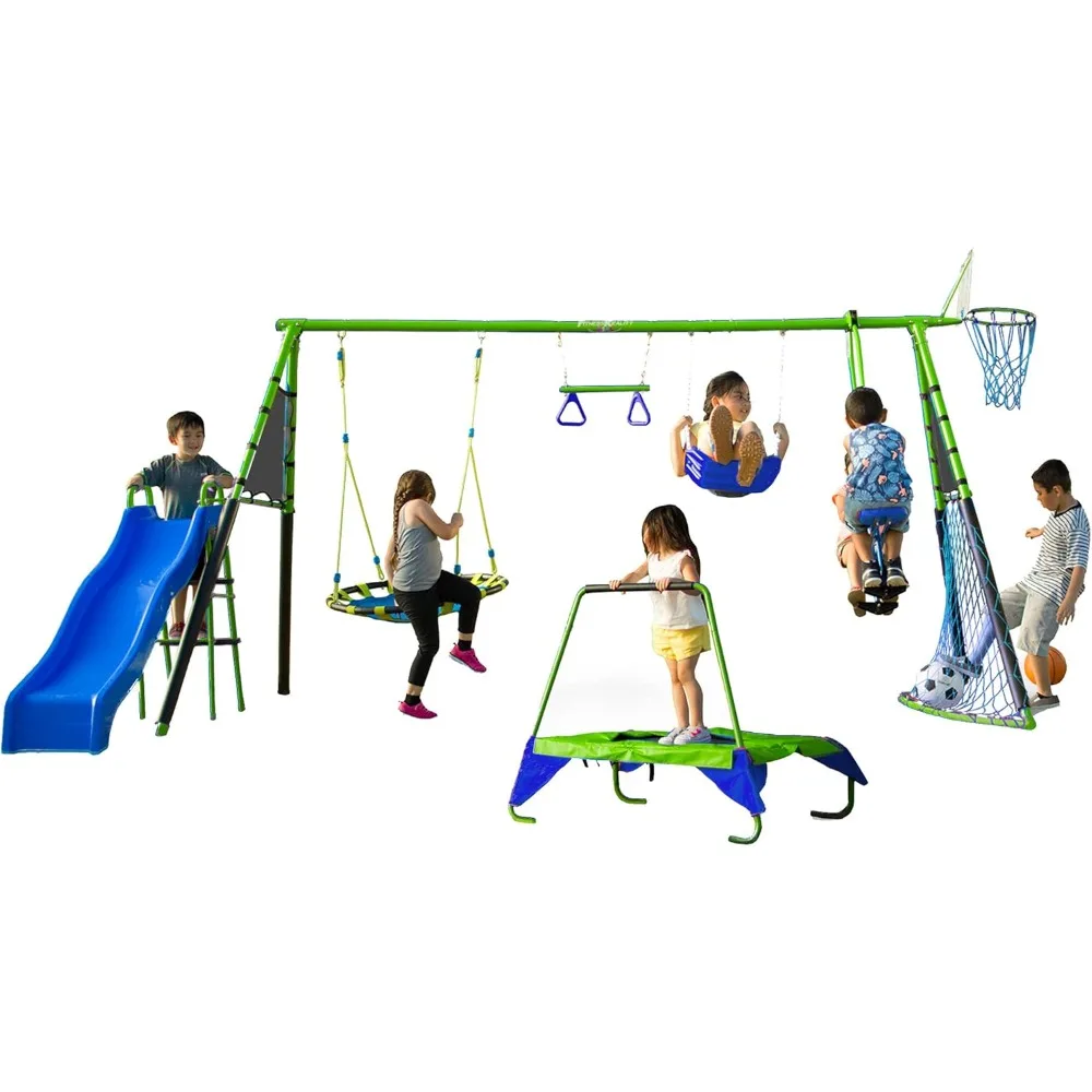 

Outdoor 8-station Amusement Park Set - Equipped with Swing Set, Slide, Monkey Pole, Basketball Hoop, Etc., Suitable for Children