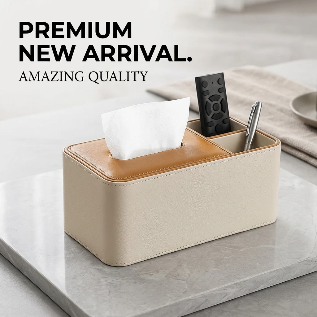 Tissue Box Holder with Remote Control Organizer, PU Leather Nordic Geometric Facial Tissue Dispenser for Living Room Car