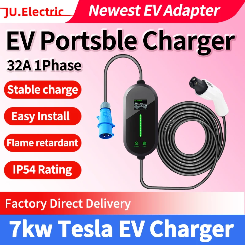 

7KW Portable EV Charger Wallbox for Tesla 32A 1Phase Level2 with 5m Cable Current Adjustable for Tesla Models 3/Y/S/X