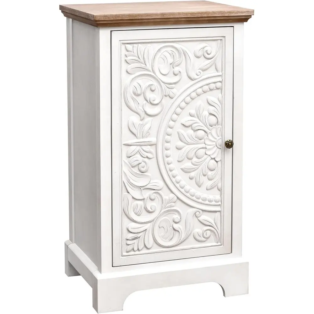 

Ornate loral Carved End Table with Storage, 18 x 14 x 30.5 Inches, Retro Style Living Room urniture, Natural and White