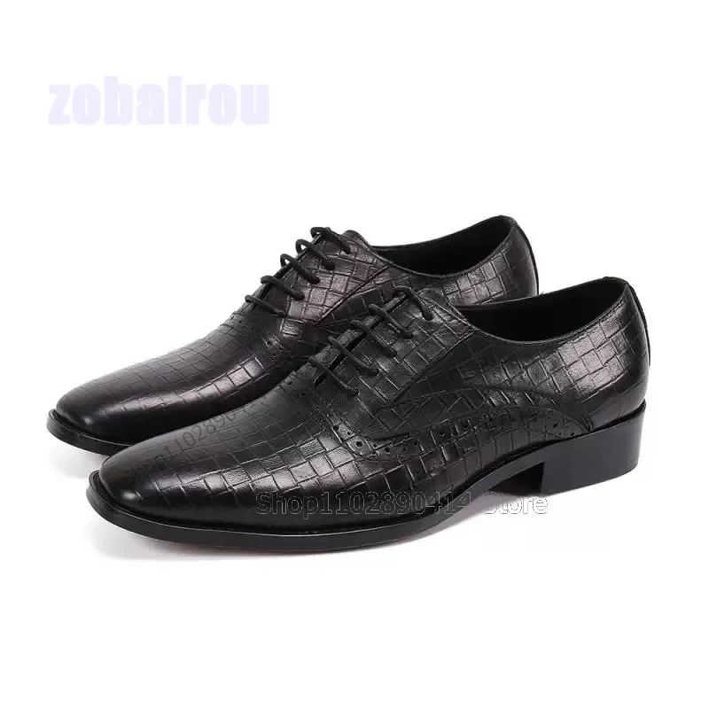 Black Geometric Print Carving Design Strappy Men Shoes Fashion Lace Up Male Shoes Luxury Handmade Party Office Men Dress Shoes