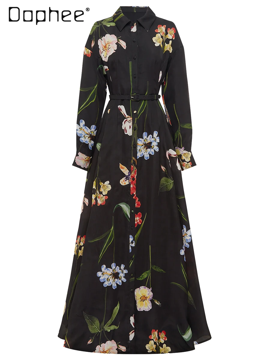 Mode Temperament einreiher Hemd Kleid für Frauen Schlank Spitze-up Große Pendel Langes Kleid High-end-schwarz Gedruckt Kleider