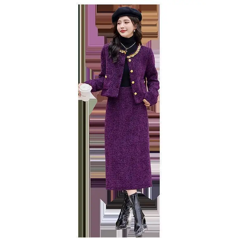 Fashion Women's Set for Autumn and Winter New Korean Version High-end Jacket Stylish Half Skirt Age Reducing Two-piece Set