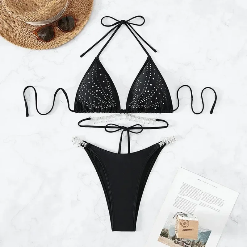 2025 New Push Up Bikinis Set Sexy Shiny Diamond Swimsuit Women Solid Micro Biquini Swimwear Beach Chain Bathing Suit Mujer Black