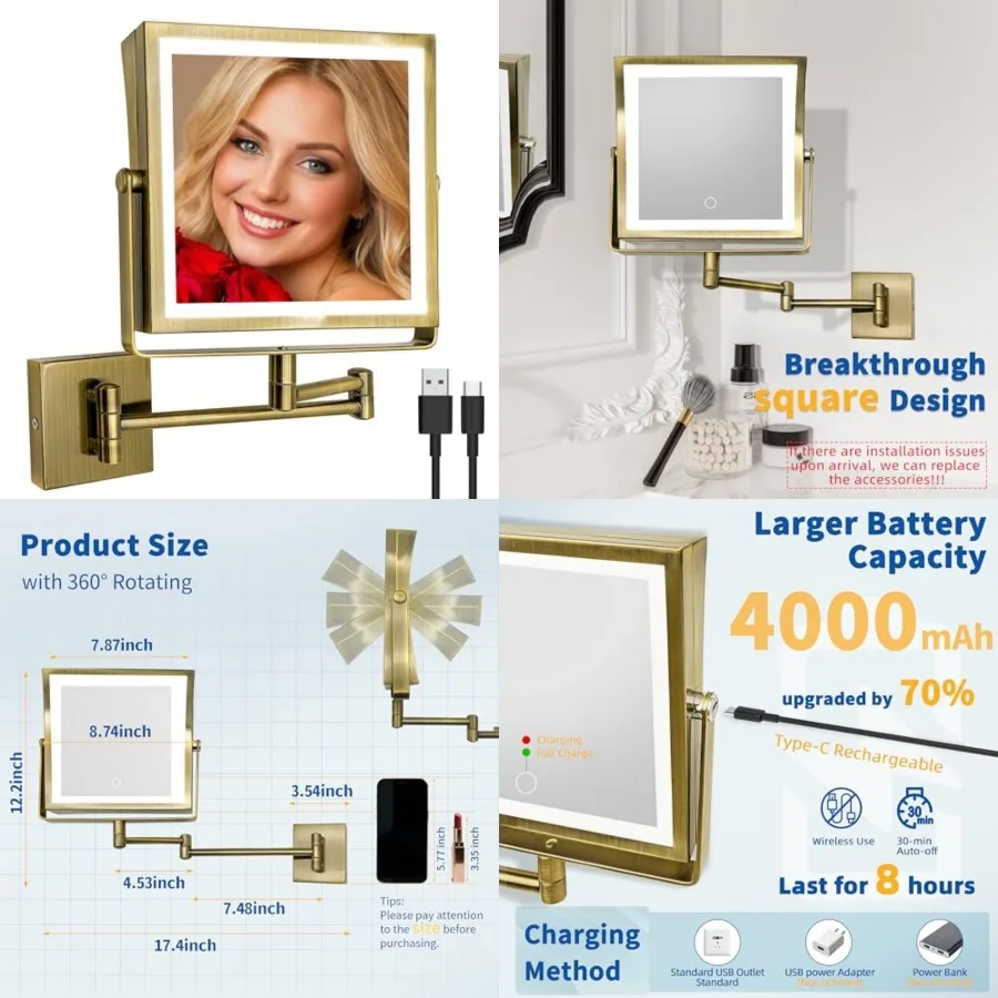 

Rechargeable Wall Mounted Makeup Mirror with Lights, Double Sided 1X/10X Magnifying Vanity Mirror with 3 Color Lights, Touch Sc
