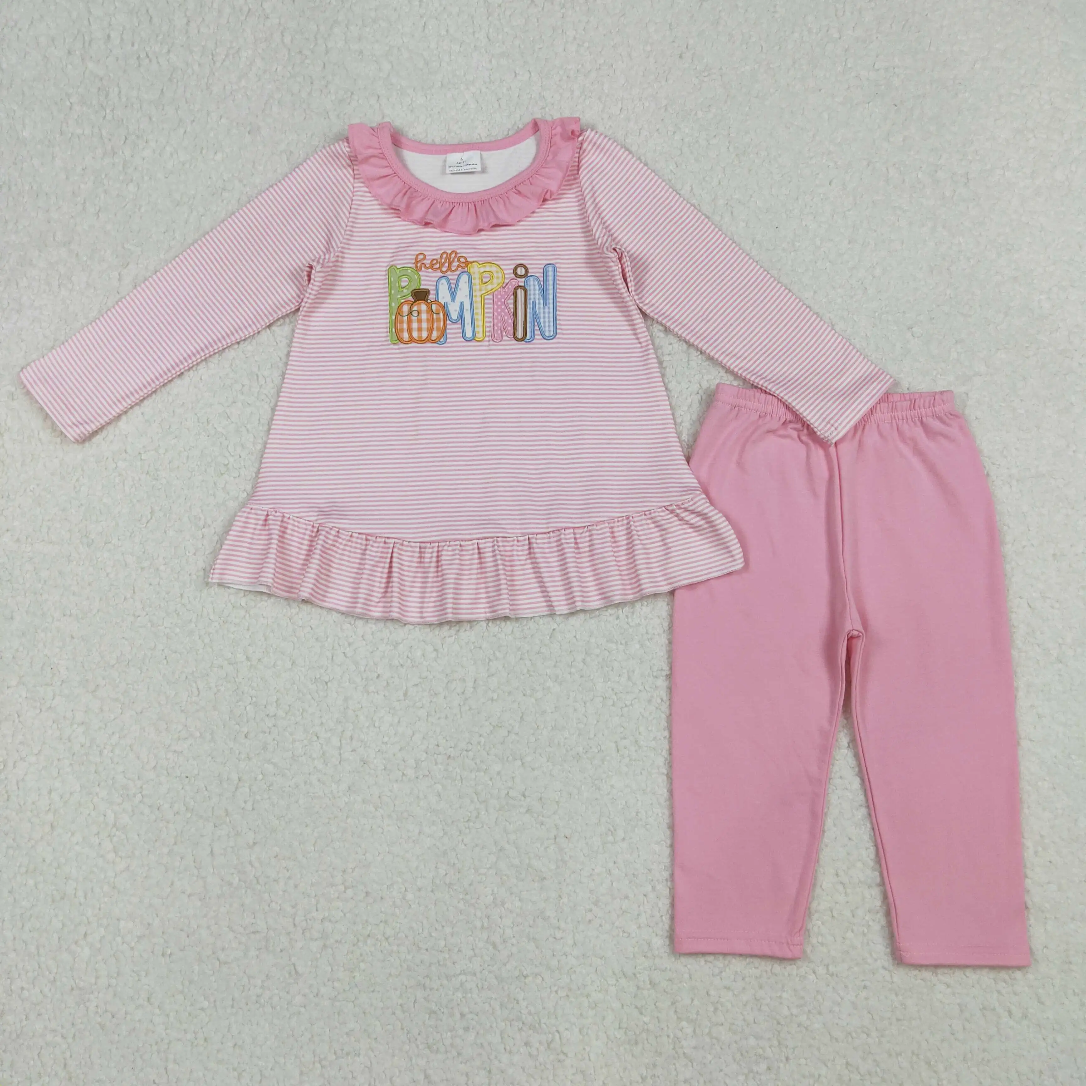 

X10.1 Thanksgiving girls clothing Embroidery hello pumpkin pumpkin striped pink lace suit Wholesale boutique