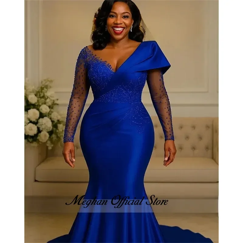 Elegant Royal Blue Evening Dresses Beading Crystals Wedding Reception Prom Gown Birthday Party Dress Aso Ebi Customized