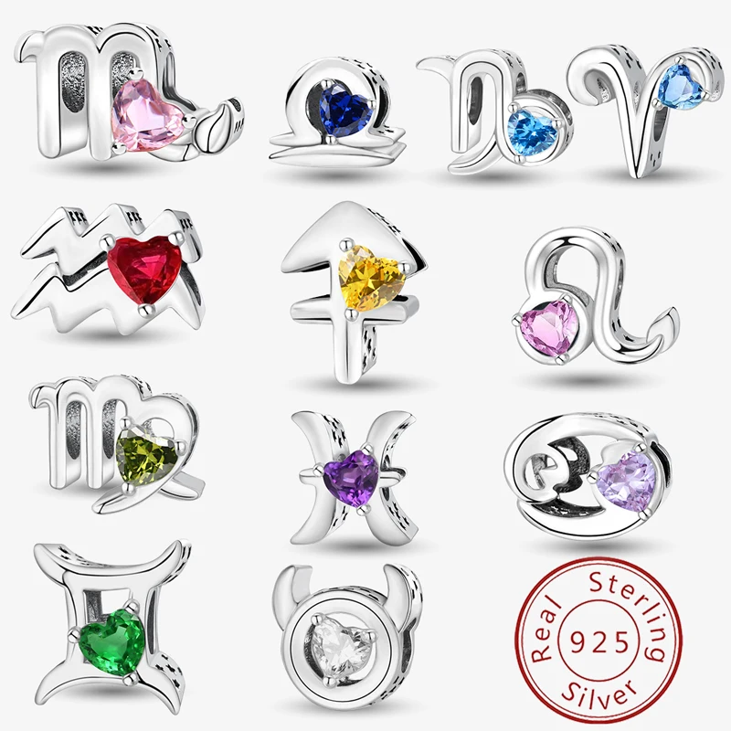 

Стерлингового Серебра 925, модные двенадцать созвездий, сердце любви, циркониевые бусины, браслет «сделай сам», изготовление браслетов, подарок изящных ювелирных изделий