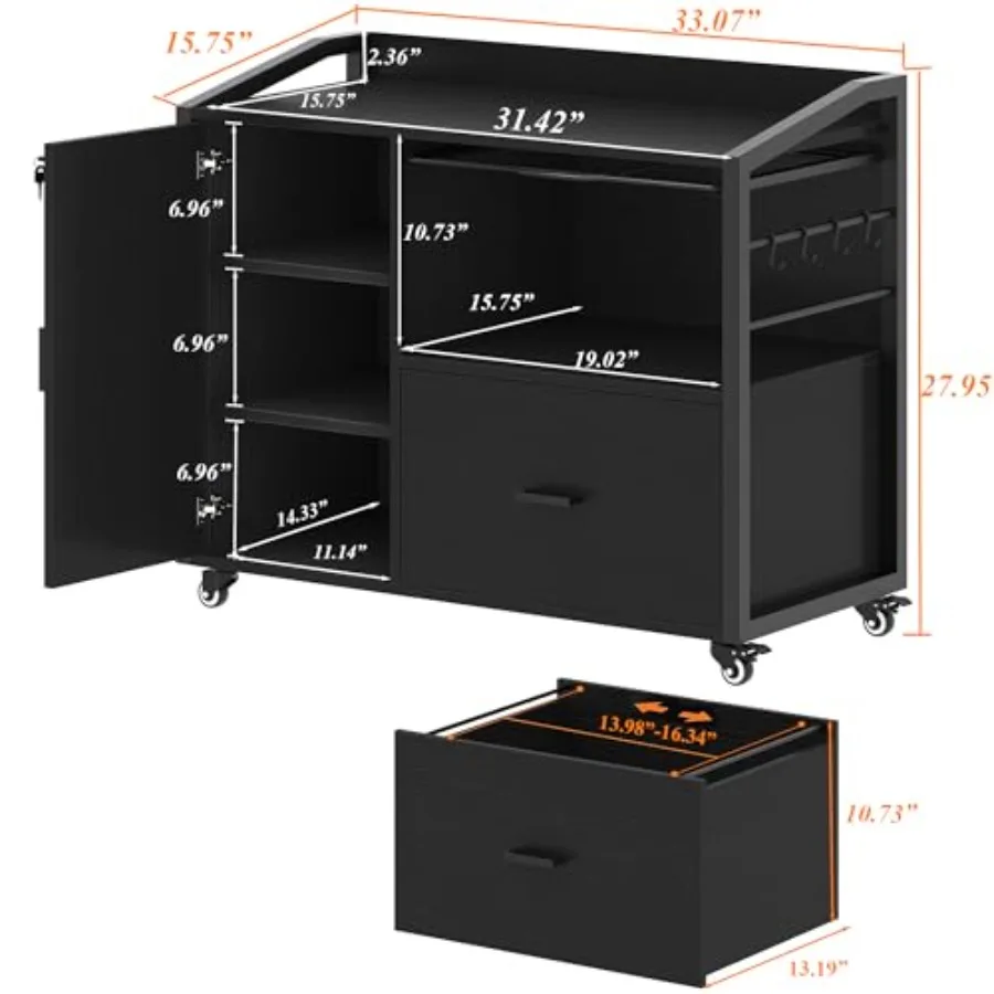 File Cabinet with Wheels with Locks, Black Mobile Filing Cabinet for Legal/Letter Size, Wood Metal Printer Stand with Shelves,
