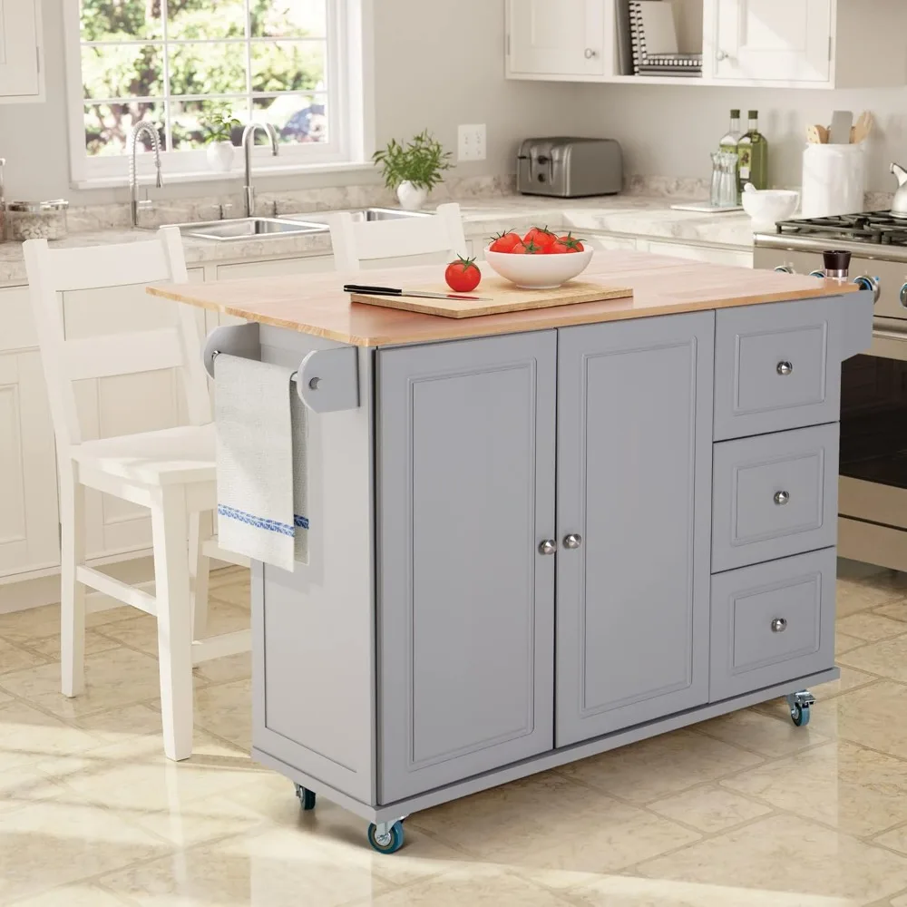 Kitchen island cart on wheels, rolling kitchen trolley with fallen leaves and rubberwood countertops, towels and spice rack