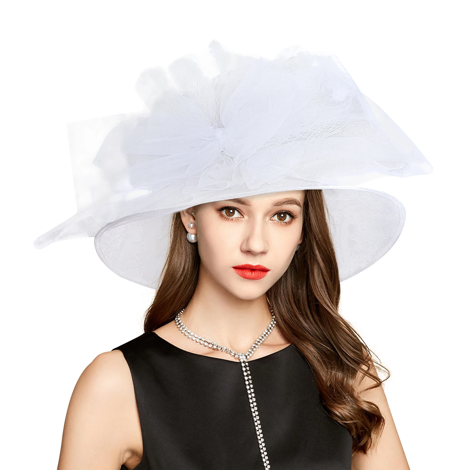 New Organza Church Derby Hat Fascinator Royal White Wedding Fedoras Women\'s Hats with Headband Hairpin S10-3120