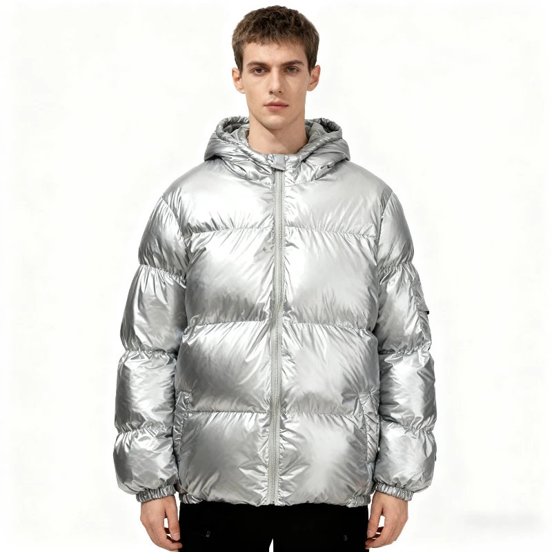 

Новинка 2025 года, зимняя мужская однотонная блестящая хлопковая куртка, модное светоотражающее свободное толстое хлопковое пальто с капюшоном на молнии